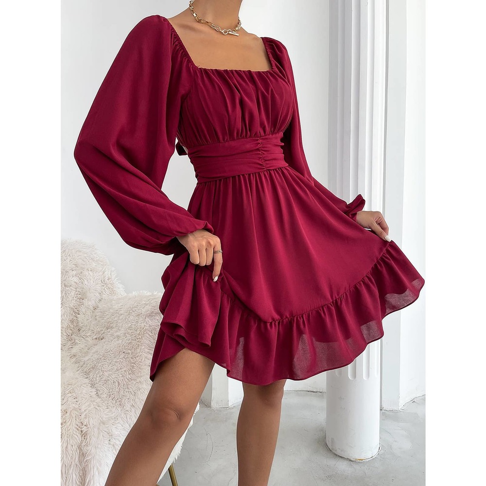 square neck long sleeve Knot Back Lantern Sleeve Ruffle Hem Dress black - Picture 9 of 11